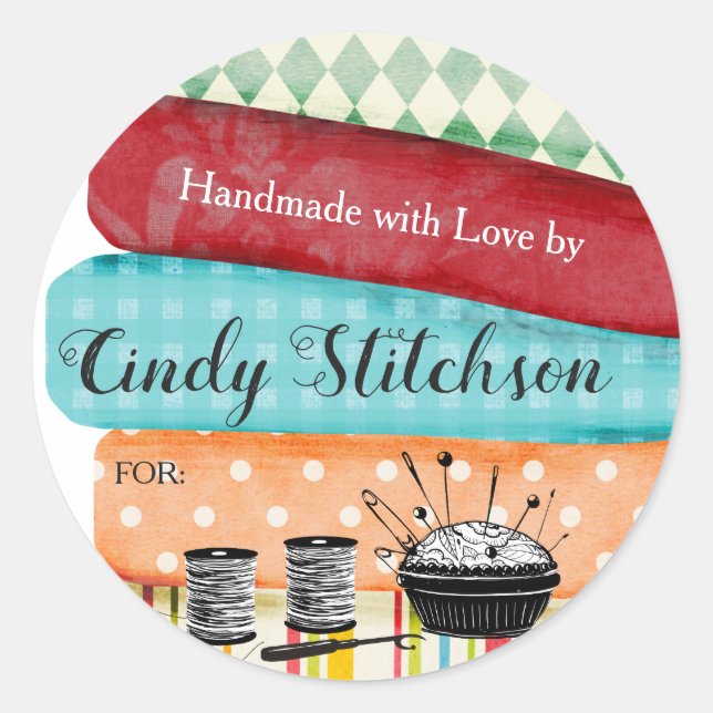 Sticker Rond Tissus piquants de couture faits main avec (Devant)