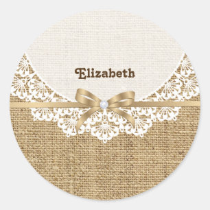 Sticker Rond Toile blanche avec dentelle et lin naturel burlap