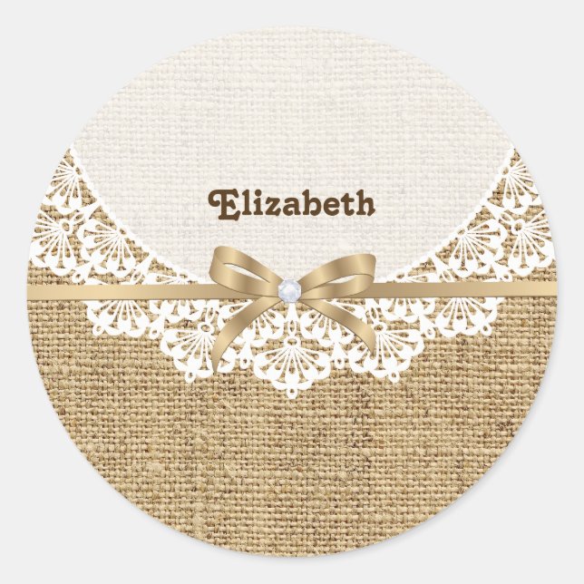 Sticker Rond Toile blanche avec dentelle et lin naturel burlap (Devant)