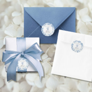 Sticker Rond Toile Bleue et Blanche Élégante Fête de Mariage Fl