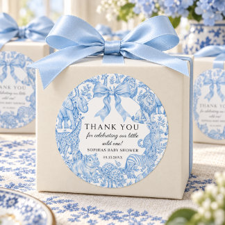 Sticker Rond Toile de Jouy Bleue Fête Prénatale Safari Garçon