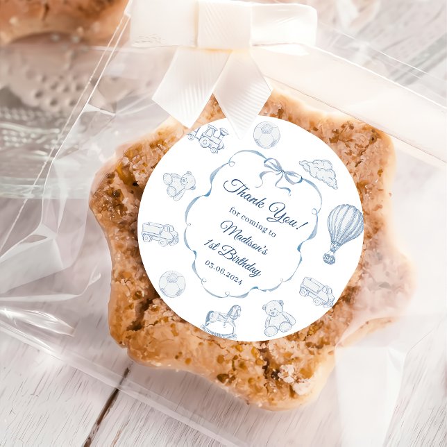 Sticker Rond Toile De Jouy Blue Bow Birthday Party  (Créateur téléchargé)