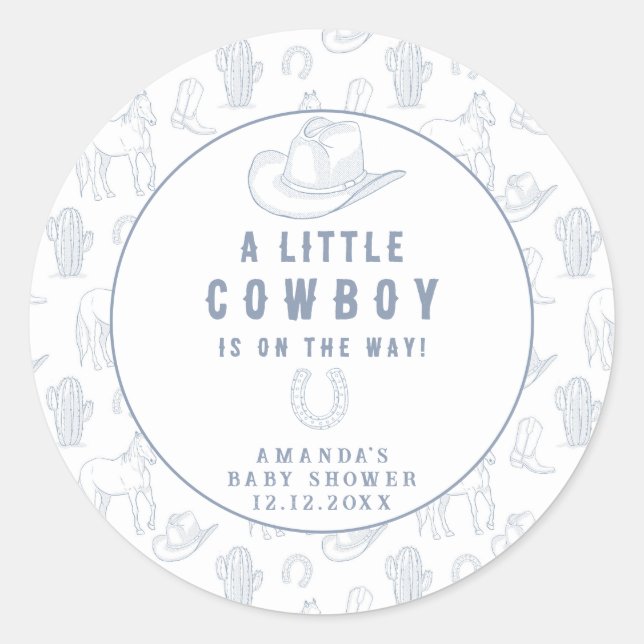 Sticker Rond Toile de Jouy Blue Cowboy Baby shower occidental (Devant)