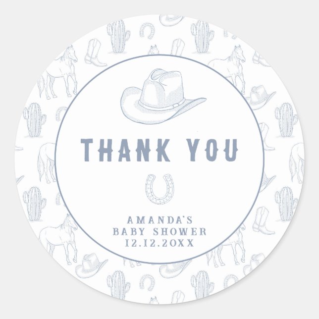 Sticker Rond Toile de Jouy Blue Cowboy Baby shower occidental (Devant)