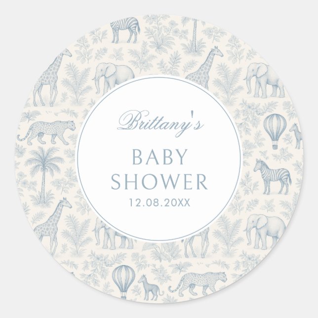 Sticker Rond Toile De Jouy Safari Animaux Blue Boy Baby shower (Devant)