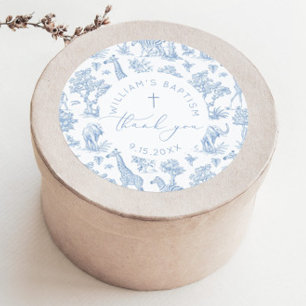 Sticker Rond Toile de Jouy Safari Boy Baptême Merci