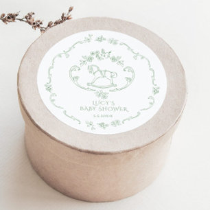 Sticker Rond Toile de Jouy Sage Green Baby shower à cheval à ro