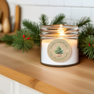 Sticker Rond Toile de jute Joyeux Noël Arbre aquarelle rustique