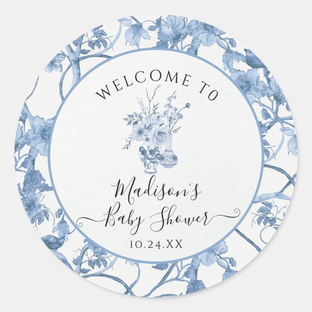Sticker Rond Toile Floral Bleu et blanc Baby shower élégant (Devant)