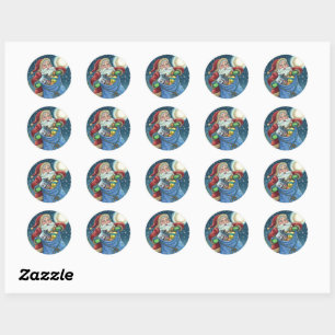 STICKER ROND TOIT PÈRE NOËL SAC DE JOUETS, DOLLHOUSE, HOBBYHORS