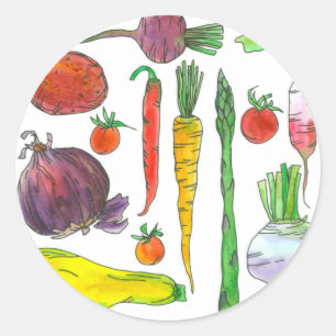 Sticker Rond Tomates Asparagus Beets Aquarelle Légumes