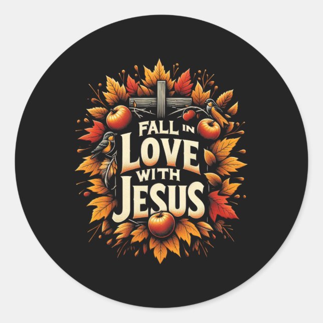 Sticker Rond Tomber dans l'amour avec Jésus Automne Christian T (Devant)