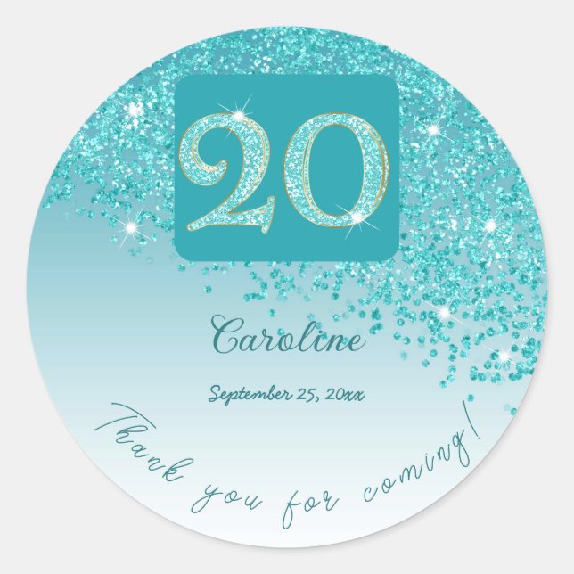 Sticker Rond Tomber Parties scintillant bleue Turquoise, 20e an (Devant)