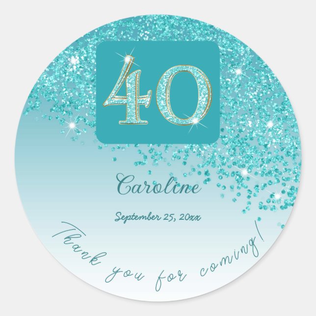 Sticker Rond Tomber Parties scintillant bleue Turquoise, 40e an (Devant)