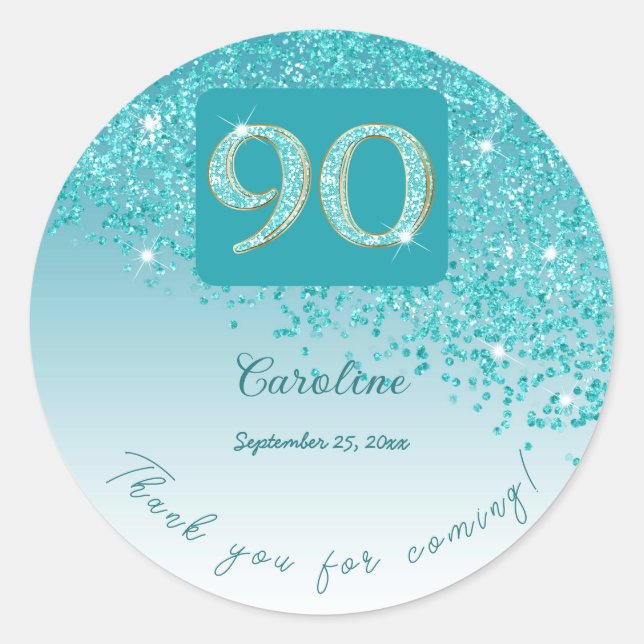 Sticker Rond Tomber Parties scintillant bleue Turquoise, 90e an (Devant)