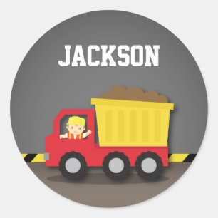 Sticker Rond Tombereau Rouge Garçon Constructeur