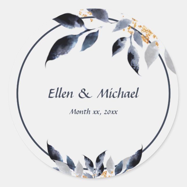 Sticker Rond Tons Feuilles bleus avec or, Mariage (Devant)