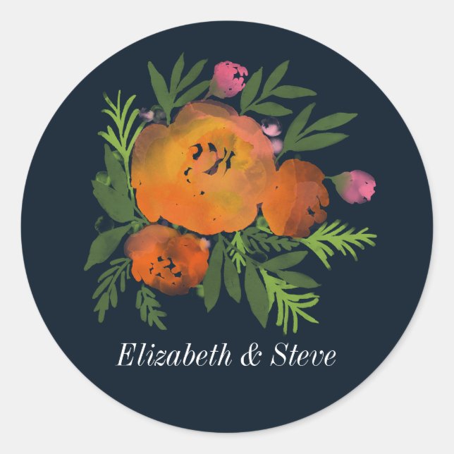 Sticker Rond Tons Terre Brûlé Orange Marine Floral Mariage (Devant)