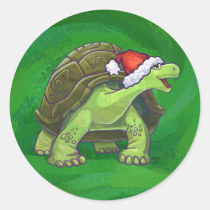Sticker Rond Tortue à Santa Chapeau sur Vert