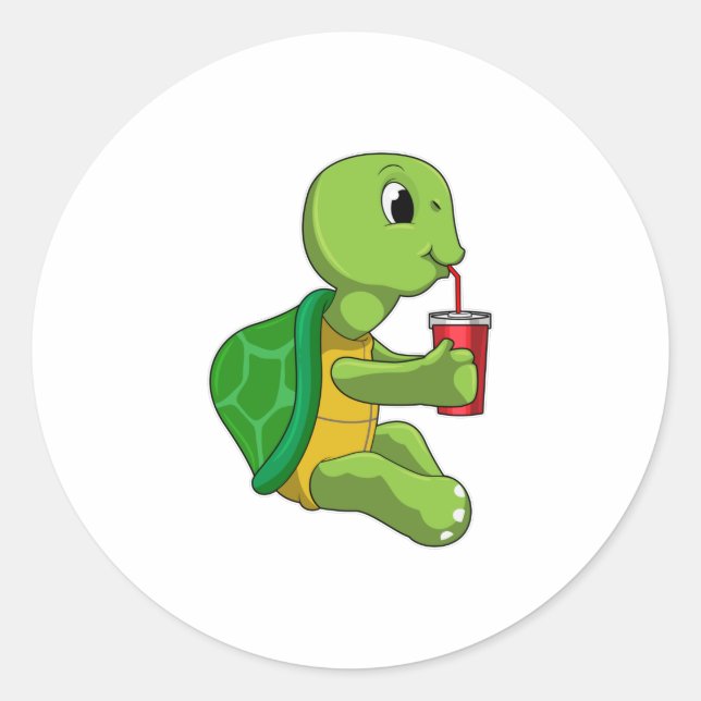 Sticker Rond Tortue avec tasse à boire avec paille (Devant)