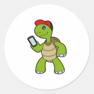 Sticker Rond Tortue avec téléphone et Casquette