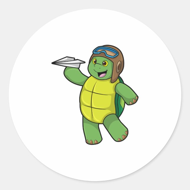 Sticker Rond Tortue comme pilote avec avion en papier (Devant)