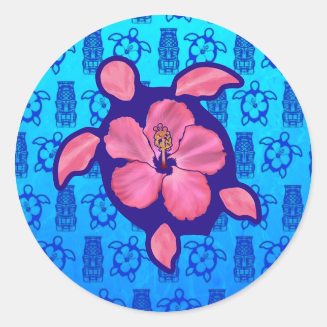 Sticker Rond Tortue de Honu hawaïenne et Hibiscus (Devant)