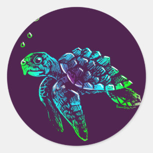 Sticker Rond Tortue de mer de Scratchboard de beaux-arts