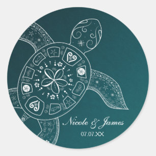 Sticker Rond Tortue de mer hawaïenne blanche sur mariage de pla
