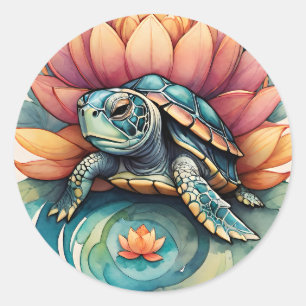 Sticker Rond Tortue de mer Lotus Fleur Art Tortues Amateurs de