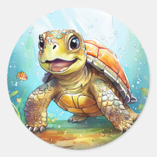 Sticker Rond Tortue de mer mignonne dans le dessin animé de l'o