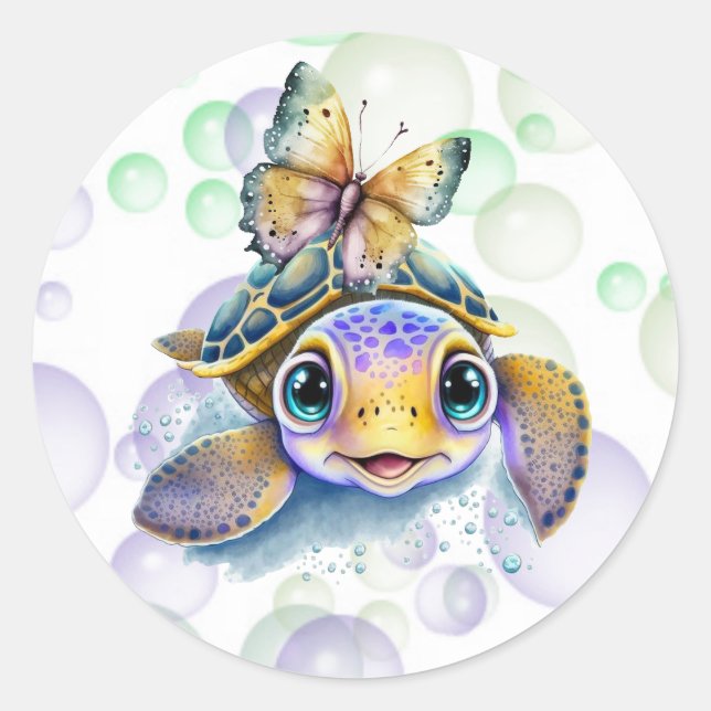 Sticker Rond Tortue de mer mignonne et Baby shower papillon (Devant)