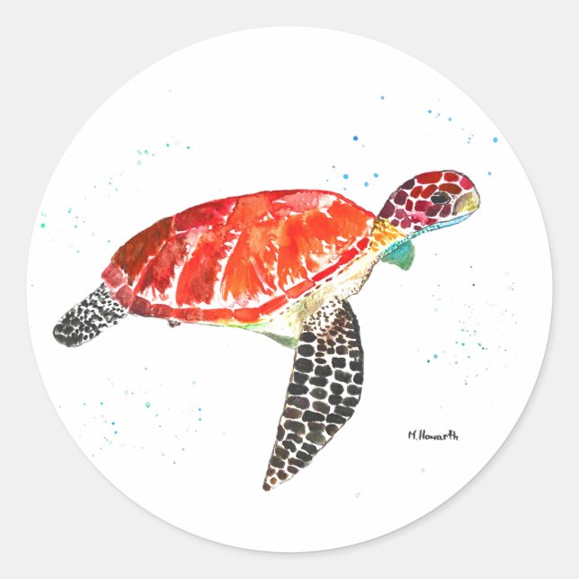 Sticker Rond Tortue de mer Plage Aquarelle Océan sous l'eau (Devant)