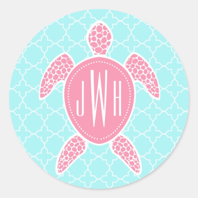 Sticker Rond Tortue de mer rose monogramme + Quatrefoil bleu (Devant)