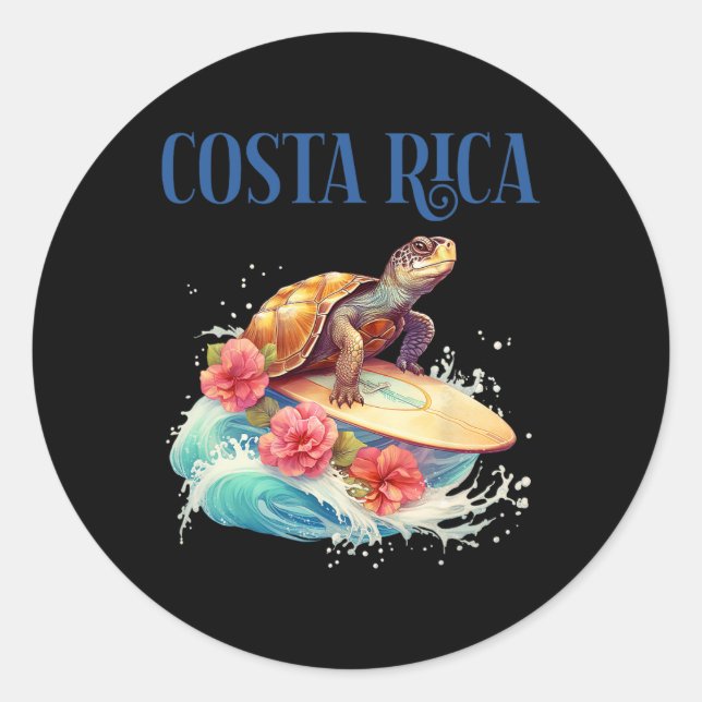 Sticker Rond Tortue de plage de surf souriante Fleurs tropicale (Devant)