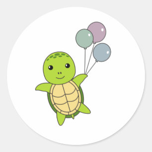 Sticker Rond Tortue Doux Mouches Ballons Enfants