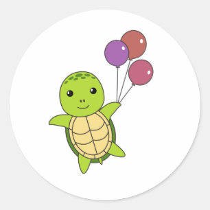Sticker Rond Tortue Doux Mouches Ballons Enfants
