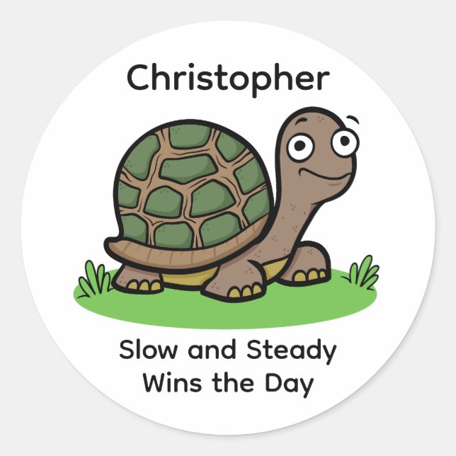 Sticker Rond Tortue Drôle Lent Et Régulier Nom Personnalisé (Devant)