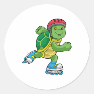Sticker Rond Tortue en patinage avec patins en ligne et casque