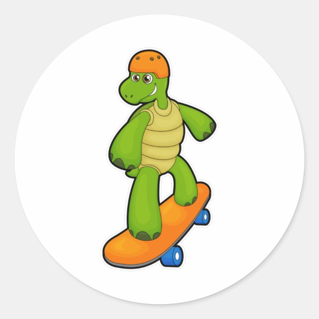 Sticker Rond Tortue en Skateboard avec Skateboard & Casque (Devant)