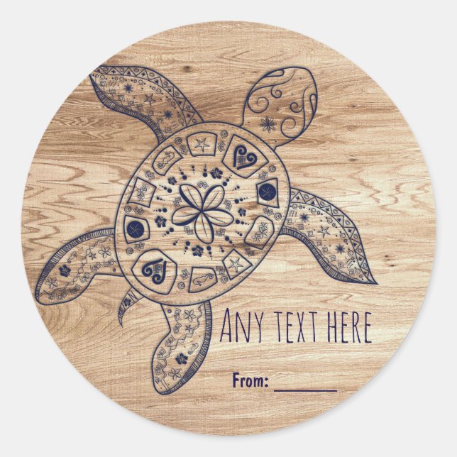 Sticker Rond Tortue hawaïenne et mariage léger en bois Favorise (Devant)