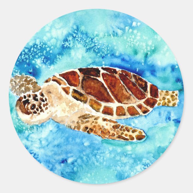 Sticker Rond tortue marine vie marine aquarelle peinture (Devant)
