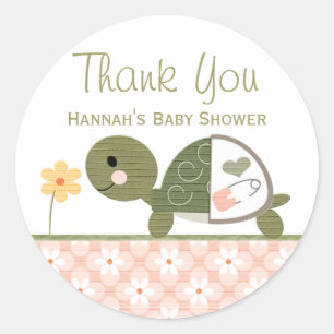 Sticker Rond Tortue rose dans Diapers Baby shower Merci