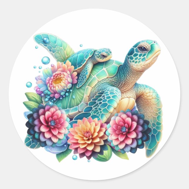 Sticker Rond Tortue Turquoise Florale (Devant)