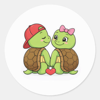 Sticker Rond Tortues amoureuses avec des queues en forme de cœu