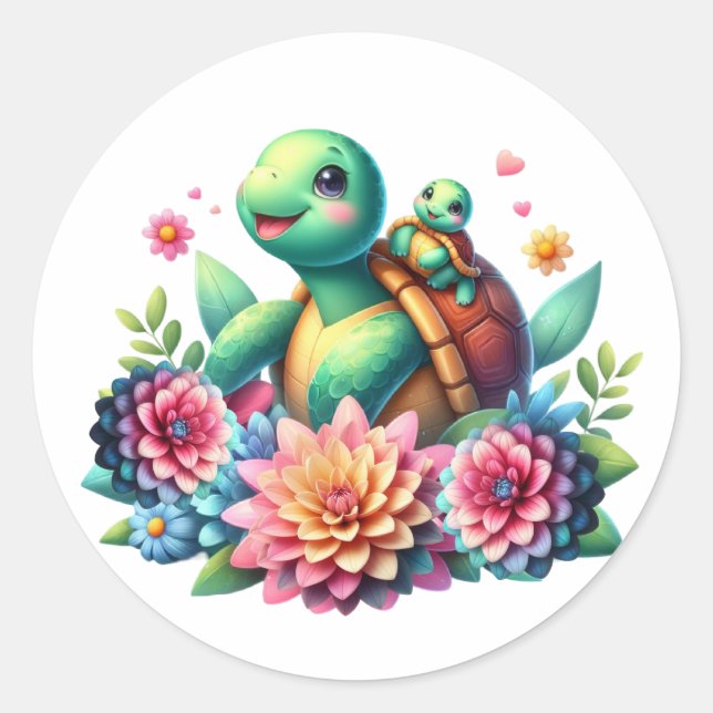 Sticker Rond Tortues de mer florales douces (Devant)