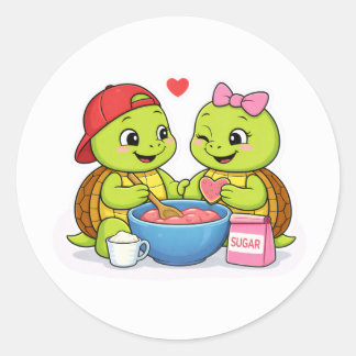 Sticker Rond Tortues faisant des cookies en forme de cœur