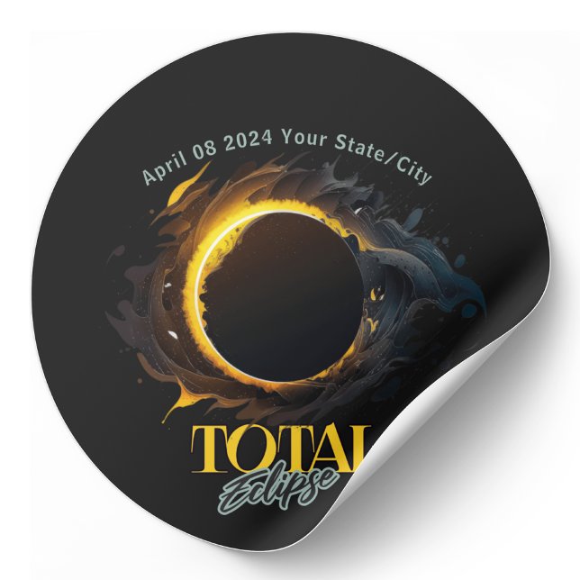 Sticker Rond Total Solaire Eclipse 2024 Votre Ville État Noir (Créateur téléchargé)