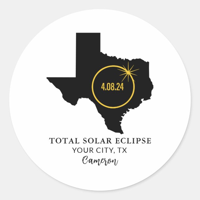 Sticker Rond Total Solar Eclipse 2024 Nom personnalisé, City Te (Devant)