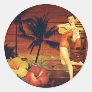 Sticker Rond totem de palmiers tropicaux poteau hawaïenne fille